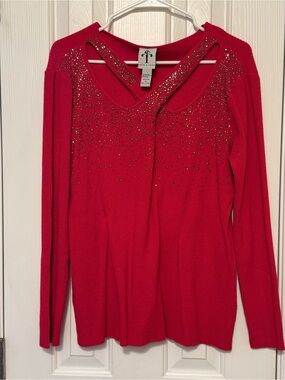 Red Embellished V-Neck Sweater with Cutout Detail